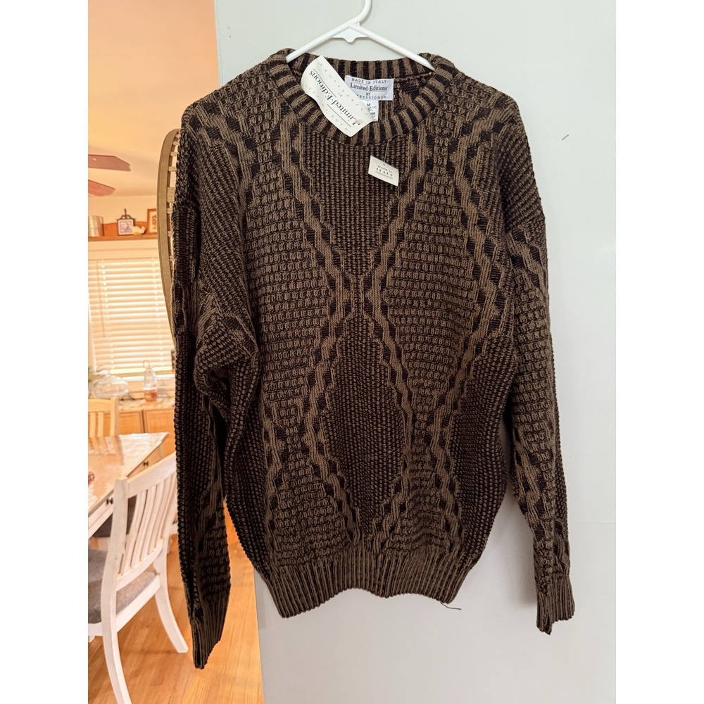 Made in Italy Textured Knit Oversized Sweater Brown Slouchy Pullover Wool Medium